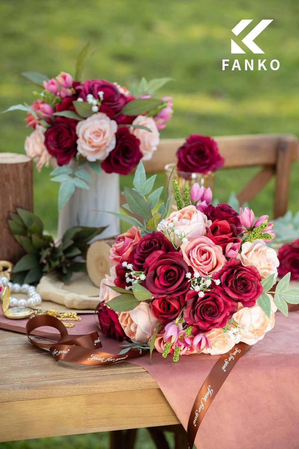 Artificial Flowers DIY Bouquet Combo Faux Rose for Home Decor | Burgundy Pink Champagne Faux Peony for Vase, Floral Arrangement, Centerpieces, Wedding, Party Decoration