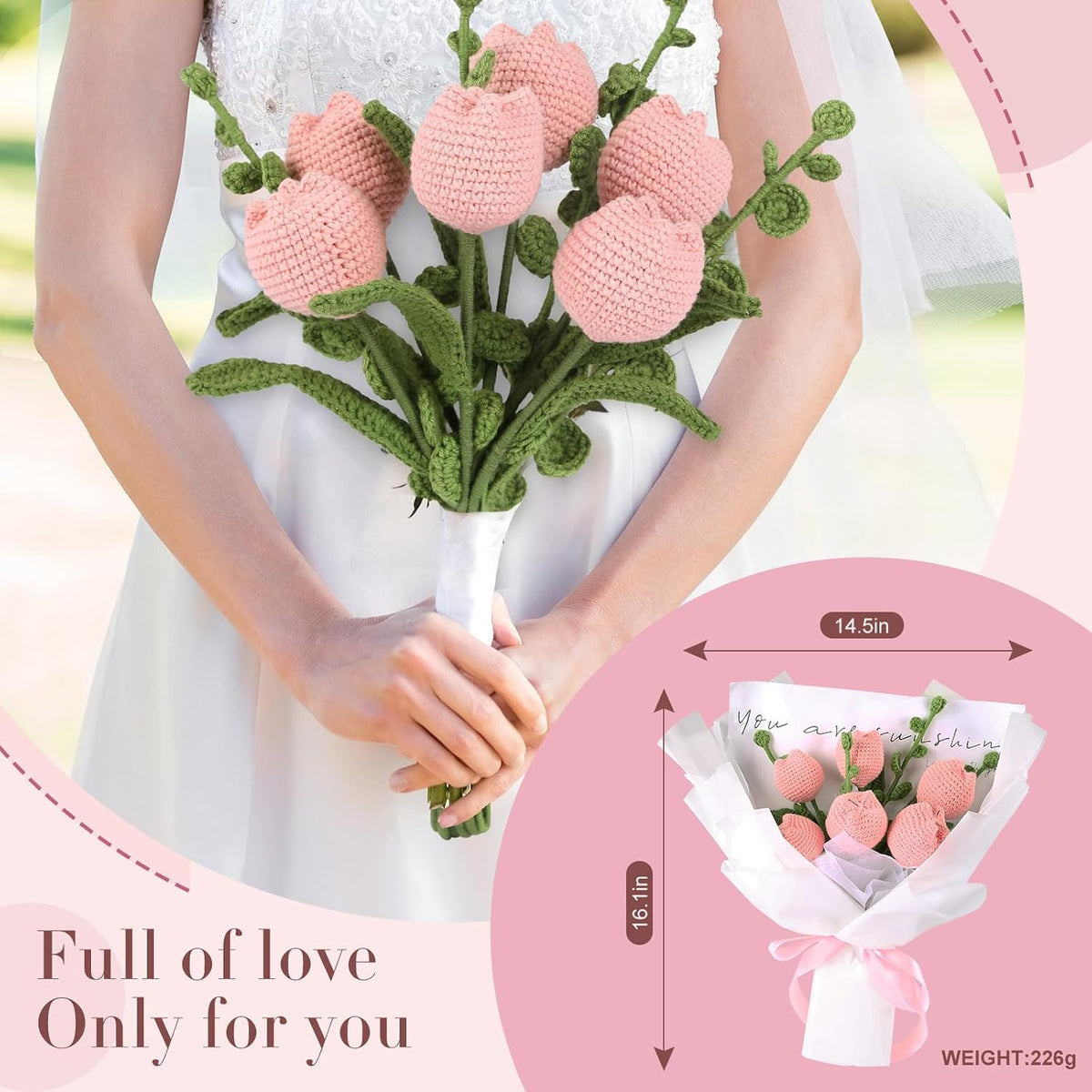 Handmade Crochet Tulip Bouquet – Pollen with Gift Box | Artificial Flowers with 6 hand-knitted flowers, 11-inch trimmable length fits any vase, pollen-free, ready-to-gift packaging.