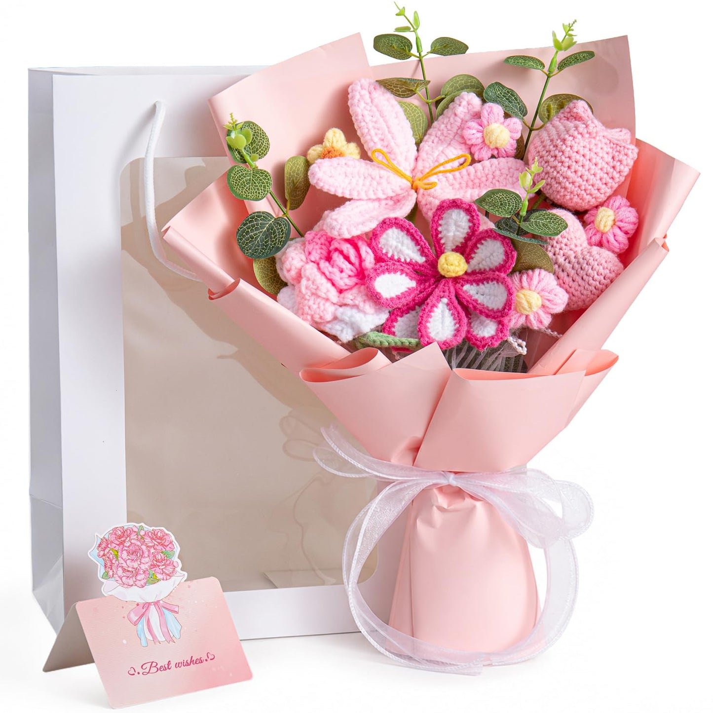 Crochet Flower Bouquet, Handmade Pink Tulip Sunflower Gift for Women | Skin-Friendly Odor-Free Yarn, Everlasting No Watering Needed, Vivid Full-Bloom Shape, Ideal Gift For Mom, Daughter & Sister