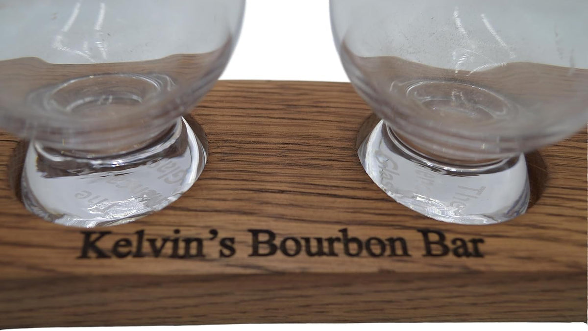 Personalized Laser EngravedWhiskey Glass Whiskey Flight Tasting Board Holder 3, 4 or 5 Made from a Kentucky Bourbon barrel stave (Glasses Not Included) (4 Glass, English Chestnut)