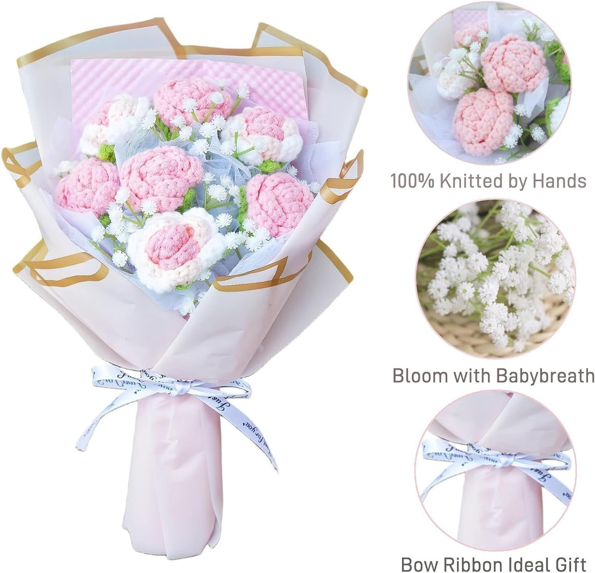 7pcs Crochet Roses Bouquet Pink, Knitted Flowers Bouquet, Preserved Rose Flowers, Artificial Flower Gift for Wife Girlfriend Friend Home Office Decor(Pink-Rose)