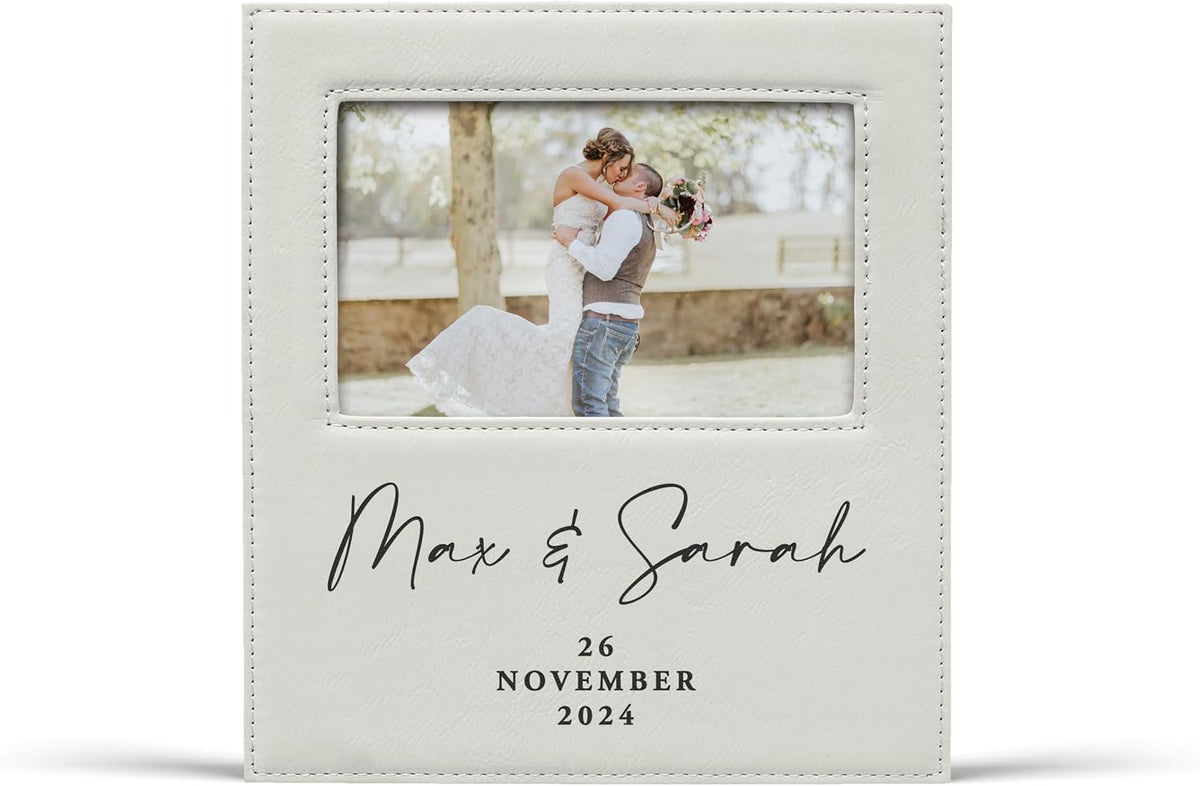 Alterd Industries Customized Picture Frames 8x10 with 4x6 Photo Display - Gift of Anniversary for Couples - Engagement Photo Display Frame with Names - Custom Photo Frame (Script - White/Black - 4x6)
