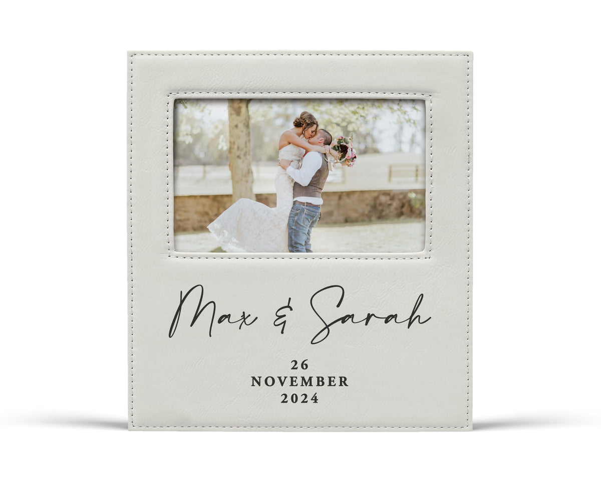 Alterd Industries Customized Picture Frames 8x10 with 4x6 Photo Display - Gift of Anniversary for Couples - Engagement Photo Display Frame with Names - Custom Photo Frame (Script - White/Black - 4x6)