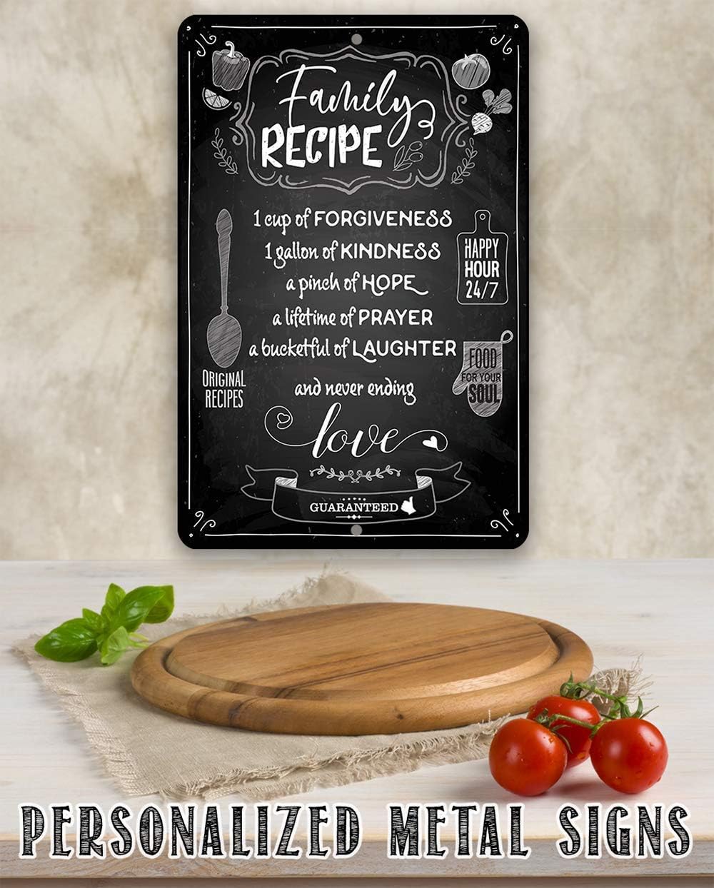 Family Recipe Metal Sign - Food for Your Soul - Modern Home Wall Decor, Kitchen and Dining Room Hanging Plaque, Cute Housewarming Gifts, 8x12 Inch Indoor Outdoor Chalkboard Style Display