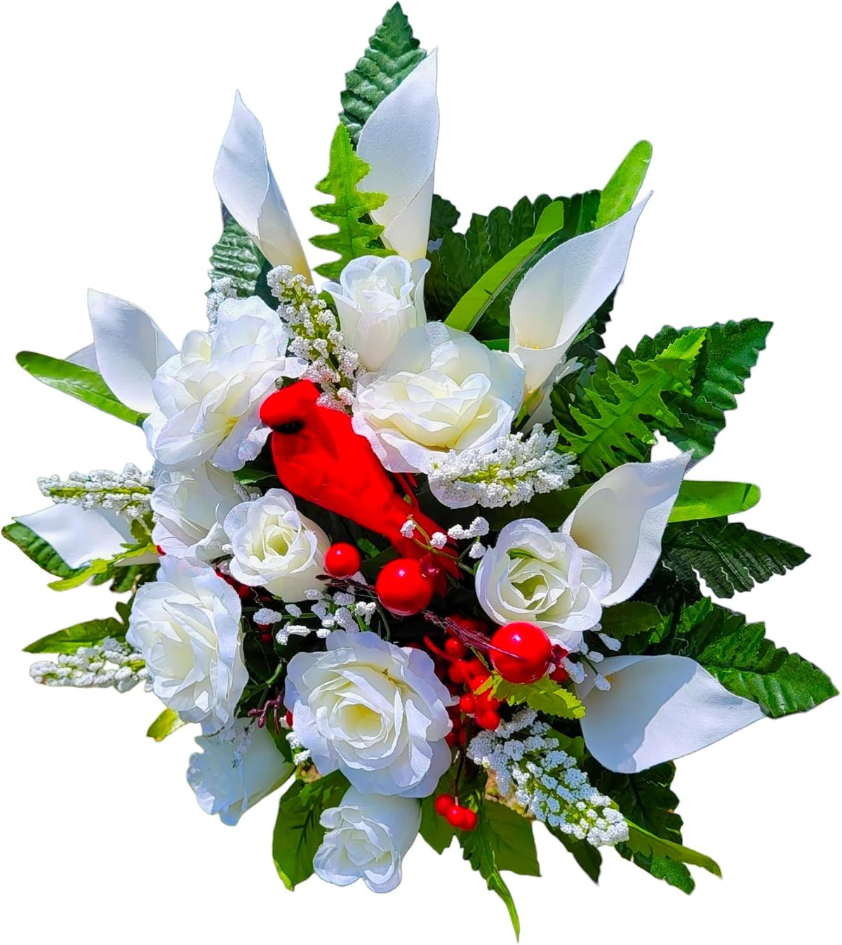 Realistic Artificial Cemetery Flowers - Silk Faux Floral Cream Rose and Calla Lily with Red Bird and Berries - Bouquet for Grave - Headstone Decoration - Memorial Flowers