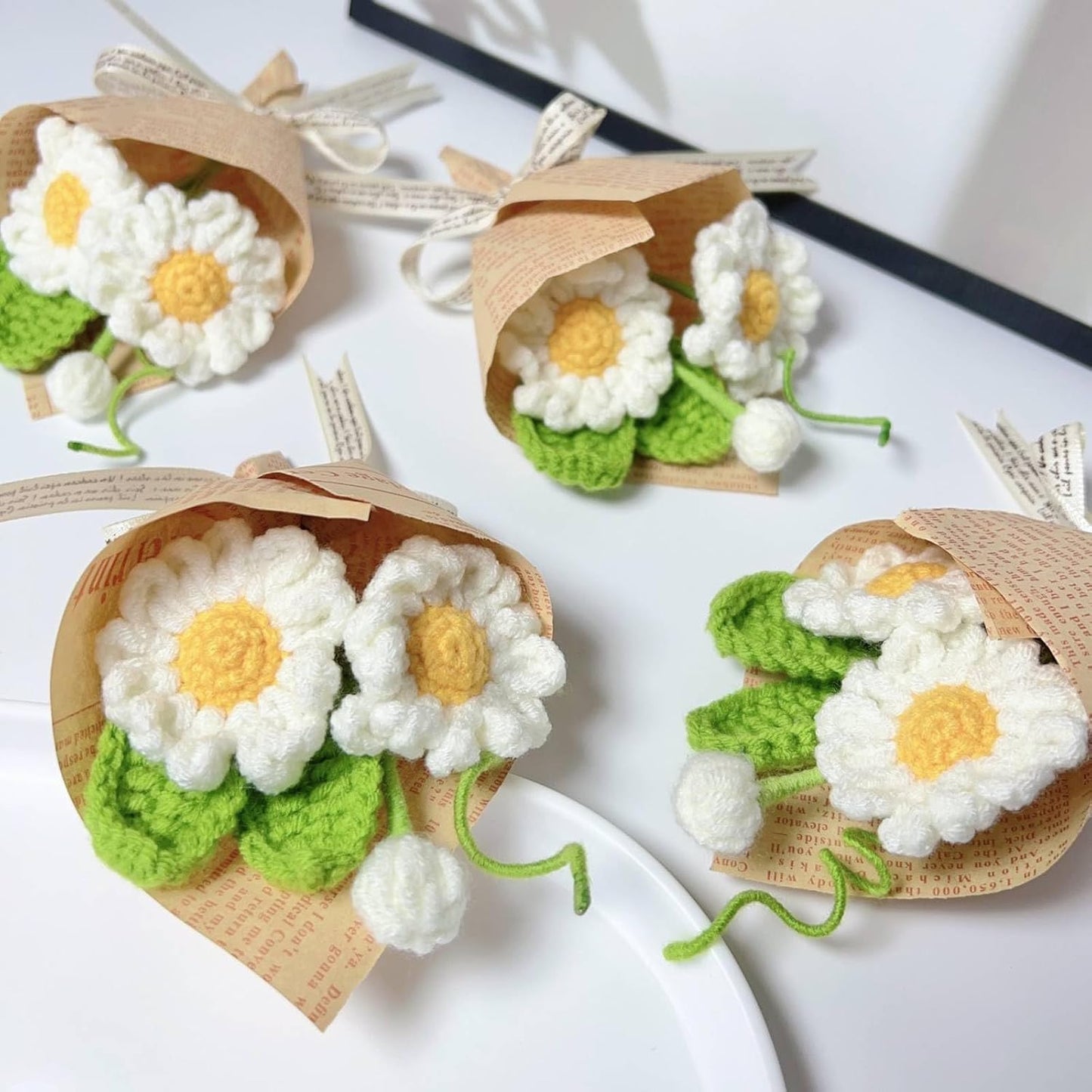 Mini White Daisy Artificial Flowers-Crochet Flower Centerpieces for Tables, DIY Crafts Picture Frames Small Welcome Work Gifts for Employee Teachers Friends Home Party Decor (White Daisy)