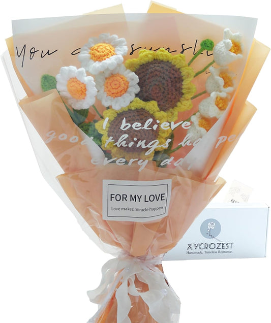 Handmade Crochet Sunflower Bouquet with White Daisy | 5 stems, 17.7x11.8 in; sunflowers, eucalyptus, white daisy; cotton yarn; handcrafted; gift wrapped