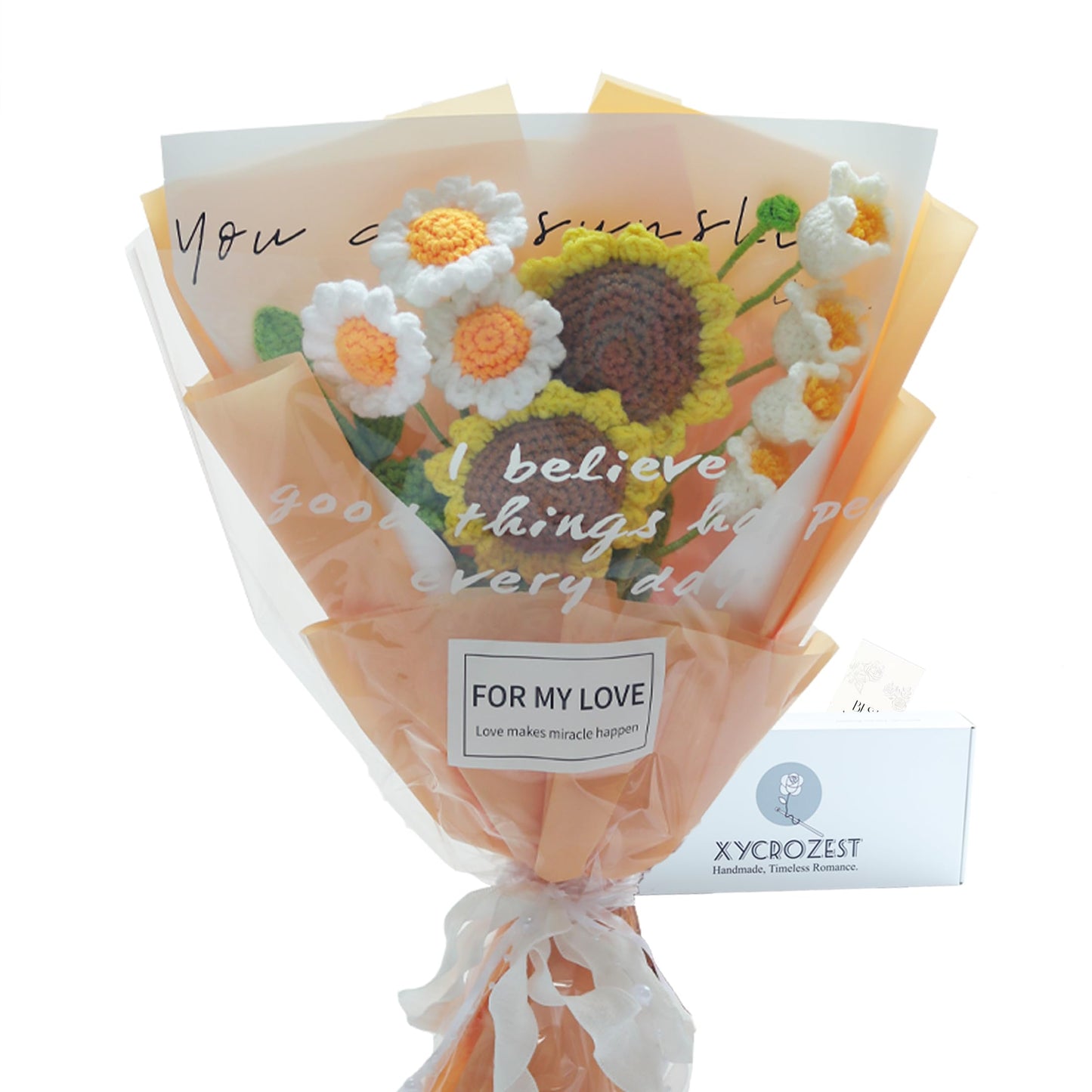 Handmade Crochet Sunflower Bouquet with White Daisy | 5 stems, 17.7x11.8 in; sunflowers, eucalyptus, white daisy; cotton yarn; handcrafted; gift wrapped
