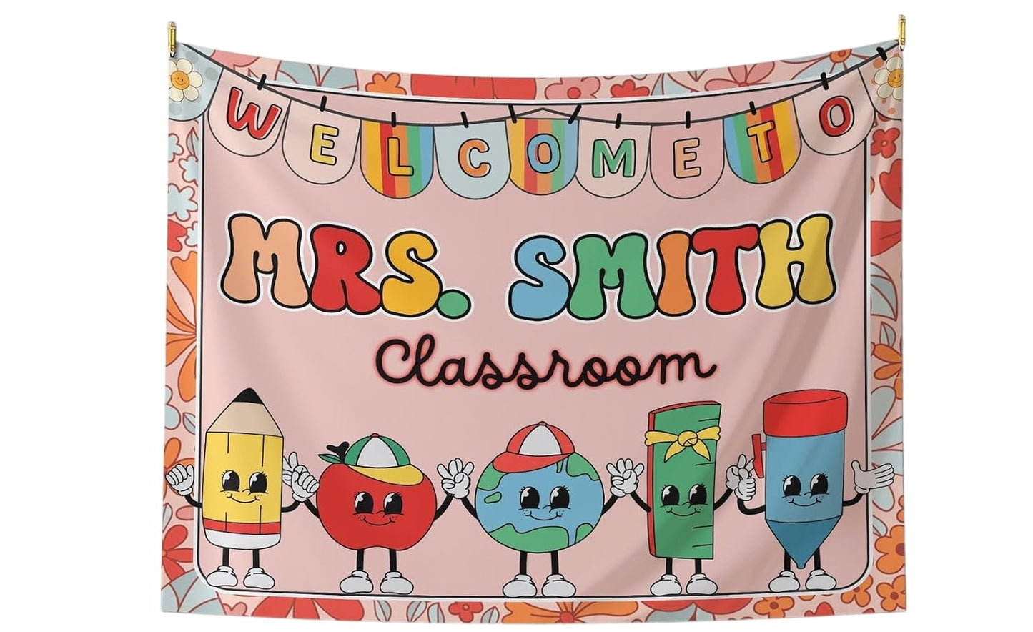 Classroom Tapestry Cute Grid Border Globe Pencil Poster Decor for School Teachers Bulletin Board Banner Composition Notebook Pattern Wall Art for Back to School Teacher Appreciation Classroom Decoration