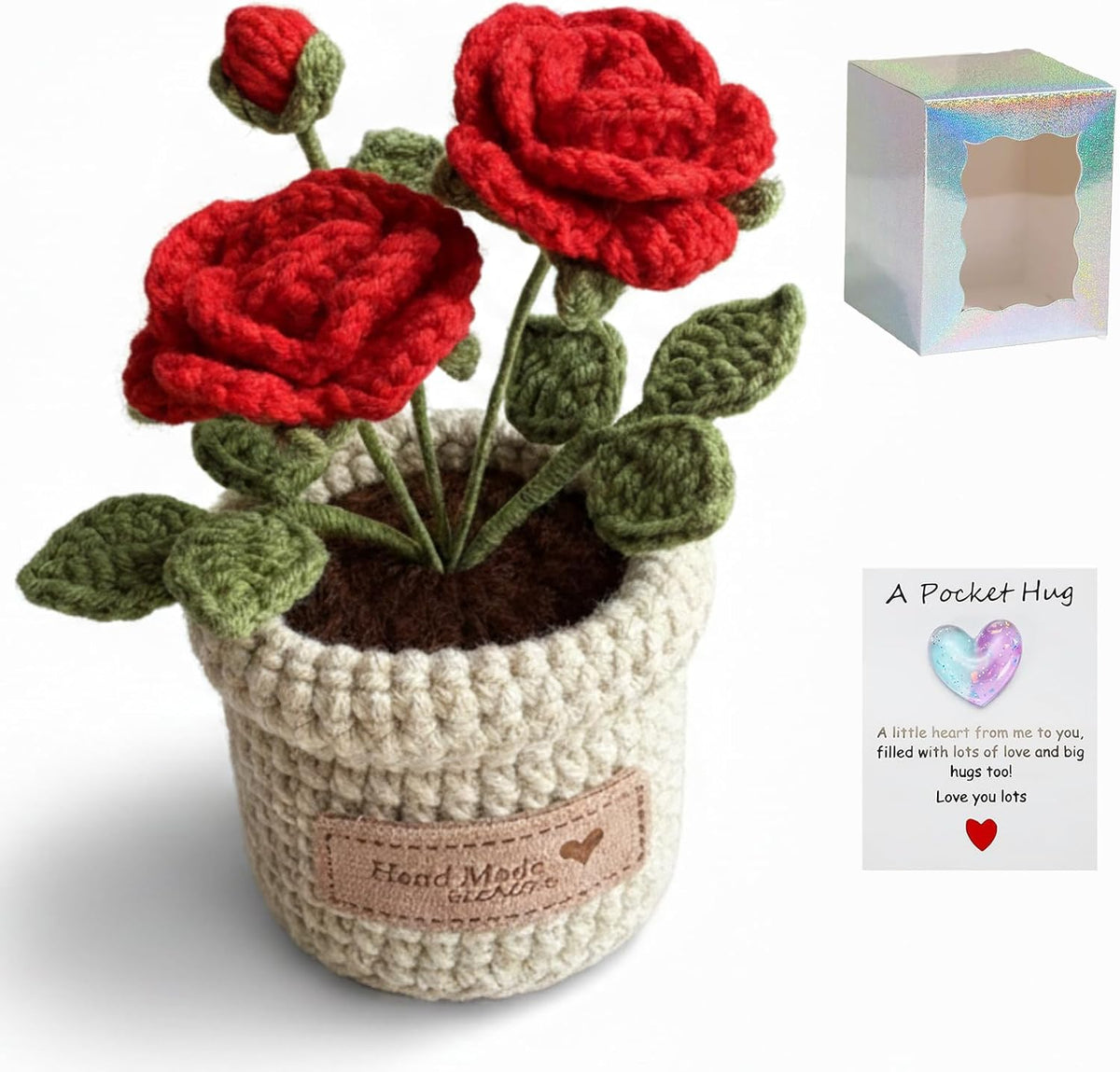 Hand-Made Crochet Red Roses with Pocket Hug Card and Gift Box, Knitted Artificial Flowers for Home Room Table Office Decor and Appreciation Gifts for Family Girlfriend Other Half Mothers Day