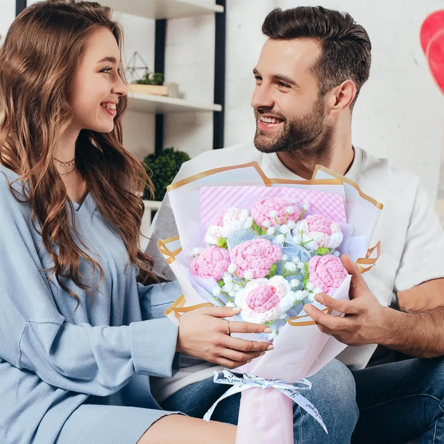 7pcs Crochet Roses Bouquet Pink, Knitted Flowers Bouquet, Preserved Rose Flowers, Artificial Flower Gift for Wife Girlfriend Friend Home Office Decor(Pink-Rose)