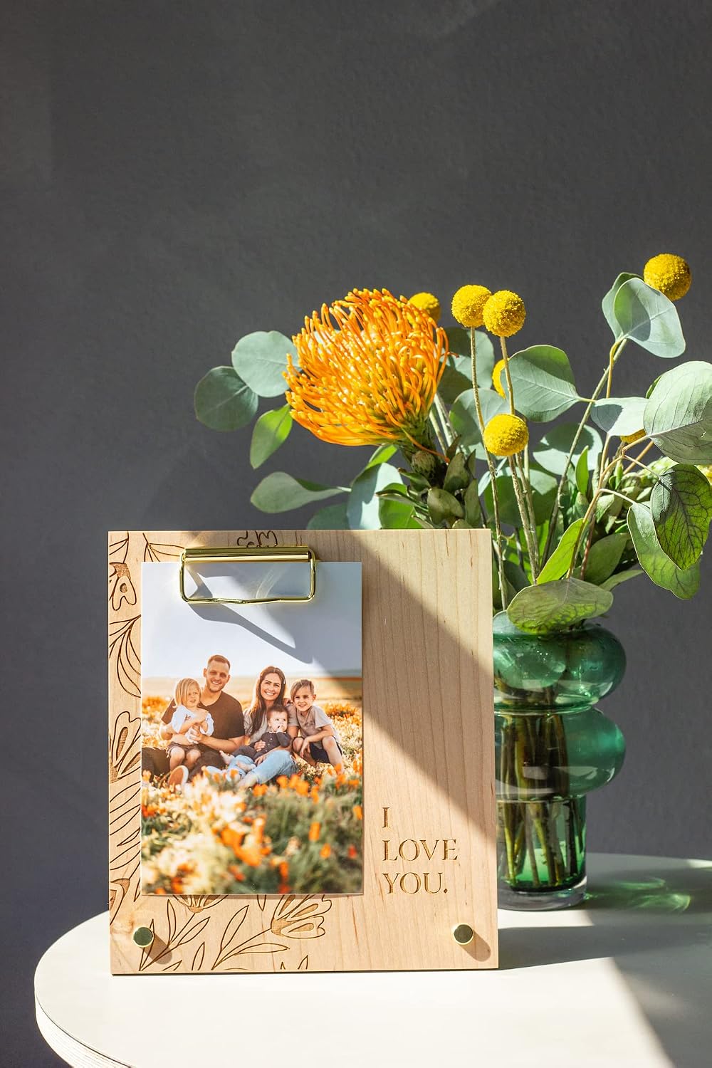 I Love You Floral Wood Frame [Custom Engraved Photo Holder, Display, Picture Clip, Clipboard, Wedding, Anniversary]