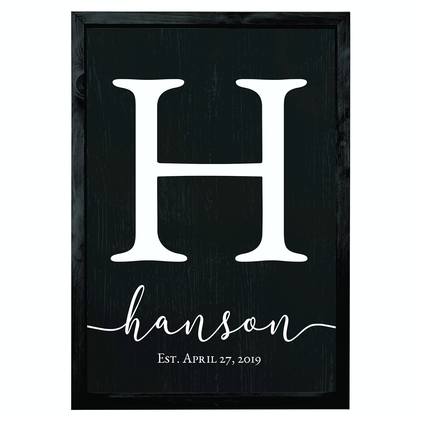 Personalized Monogram Framed Name Sign 12x18 – Custom Wall Decor Grey | solid poplar frame, white background, printed no decals, 4 sizes, add surname, wedding housewarming gift
