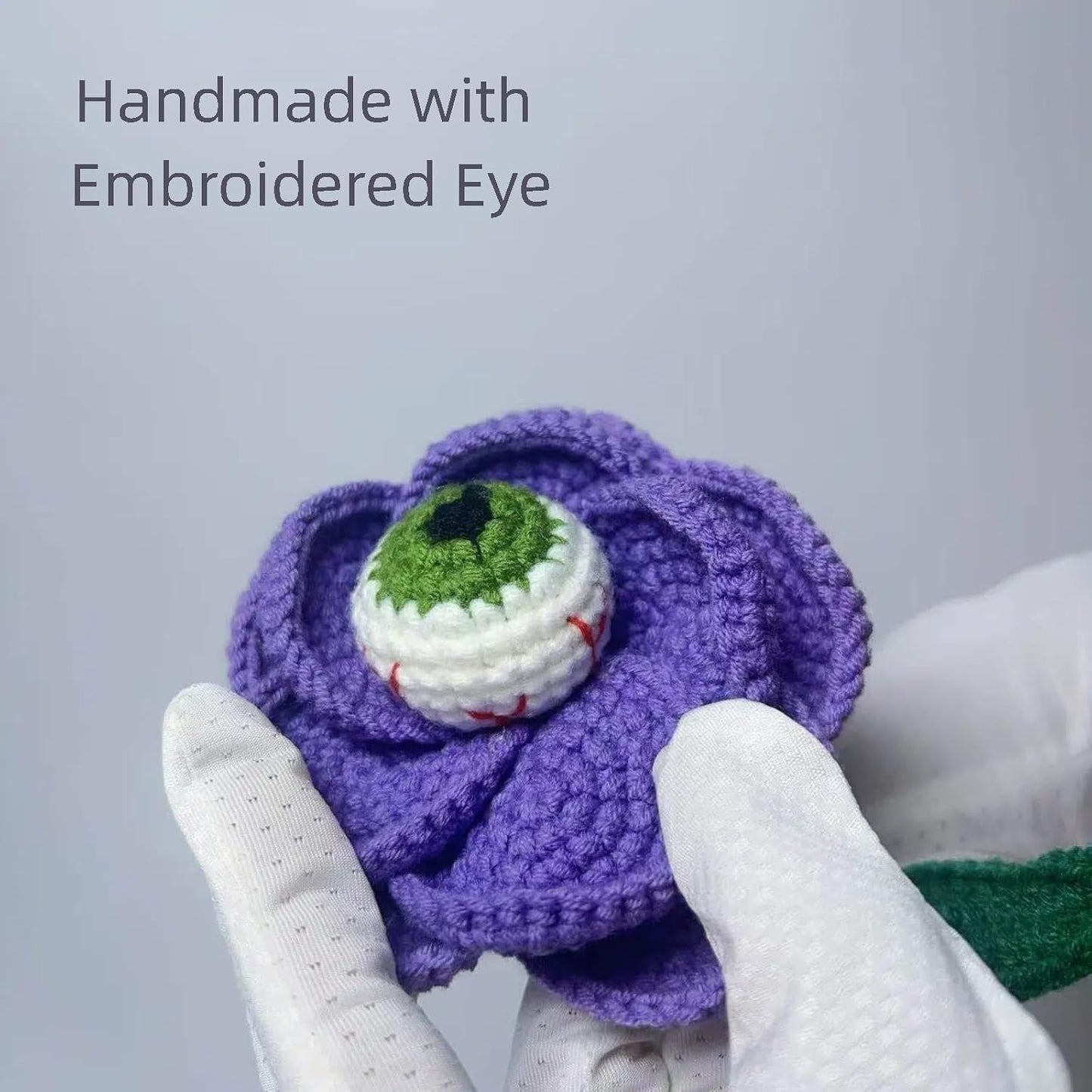 1PC Spooky Crochet Rose Flower with Knitted Evil Eye, Gothic Artificial Flower, Handmade Crochet Gift for Graduation Anniversary Birthday Halloween, Floral Bouquet Décor for Home Office(A-Purple)