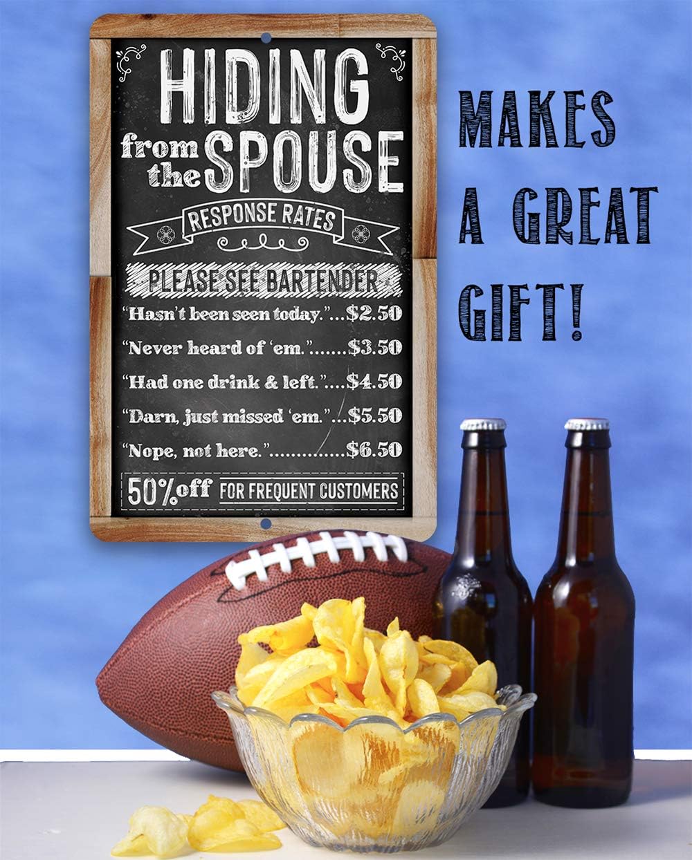 Hiding From The Spouse - Funny Man Cave Decor, Home Bar and Restaurant Display and Alcohol Sign, 12x18 Use Indoors or Outdoors Durable Chalkboard Wood Framed Look Metal Sign