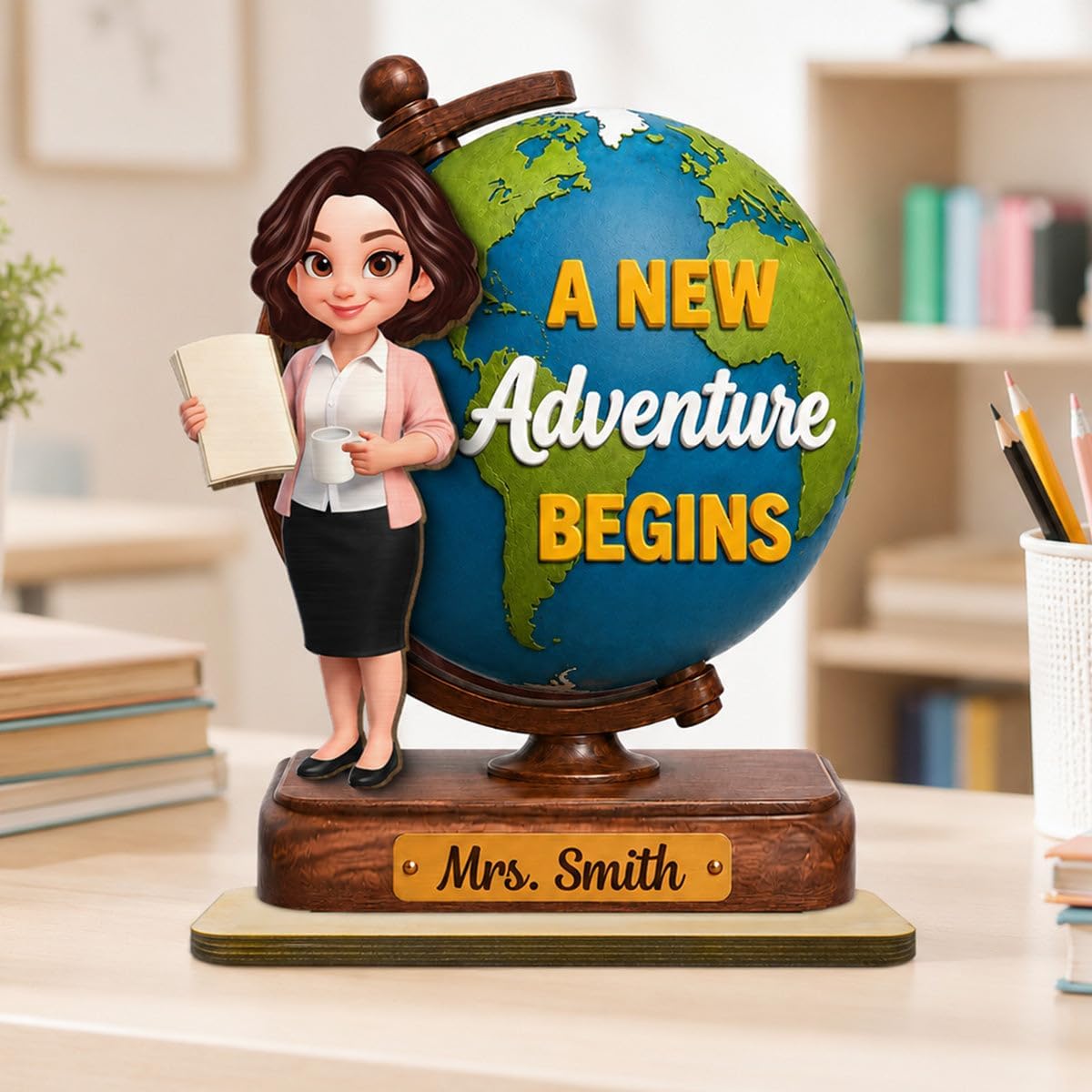 Teacher World Globe 2D Flat - Personalized Wooden Plaque - Back To School Gift Classroom Desktop Board Sign Appreciation End Of Year Presentation Faculty Educator Mentor Desk Display