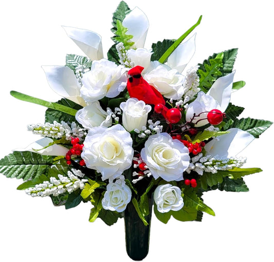 Realistic Artificial Cemetery Flowers - Silk Faux Floral Cream Rose and Calla Lily with Red Bird and Berries - Bouquet for Grave - Headstone Decoration - Memorial Flowers