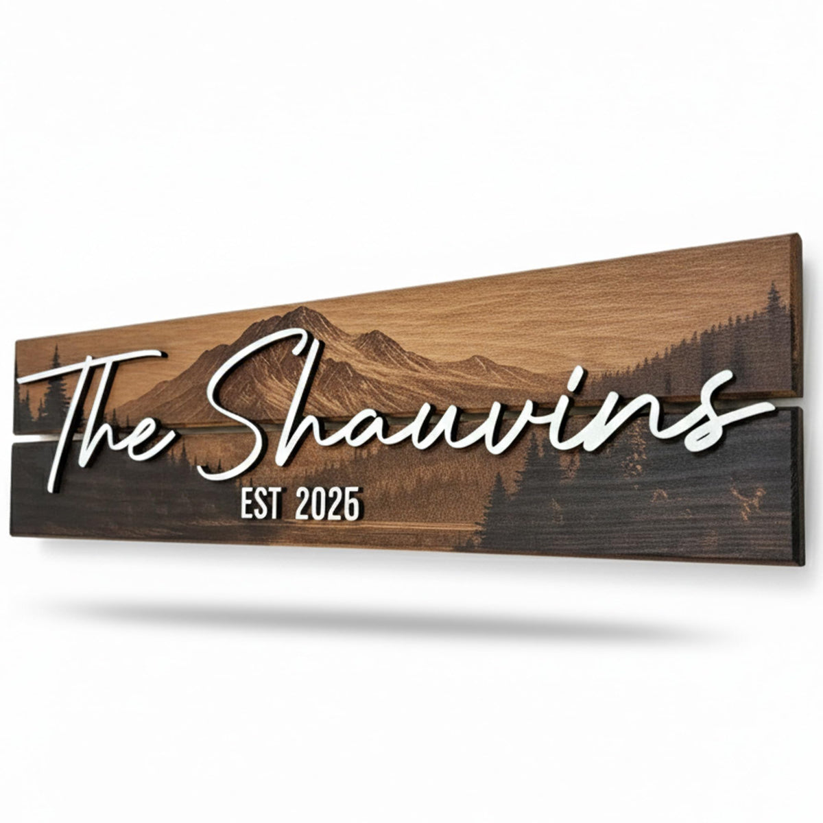 Custom Mountain Family Name Sign - Rustic Wood Wall Decor, Personalized Wedding & Gift for Couples Anniversary, Housewarming Gift for New Home 23x10" (Standard Size)