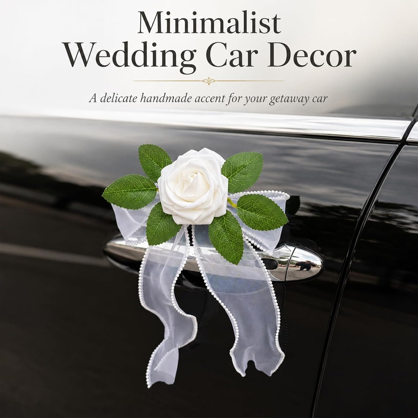 4PCS Artificial Rose Door Handle Flowers Wedding Car Decorations | Just Married Vehicle Decor Kit Flower with Pearl Tulle Bow & Suction Cup, Newlyweds Send Off,Engagement Party Accessories