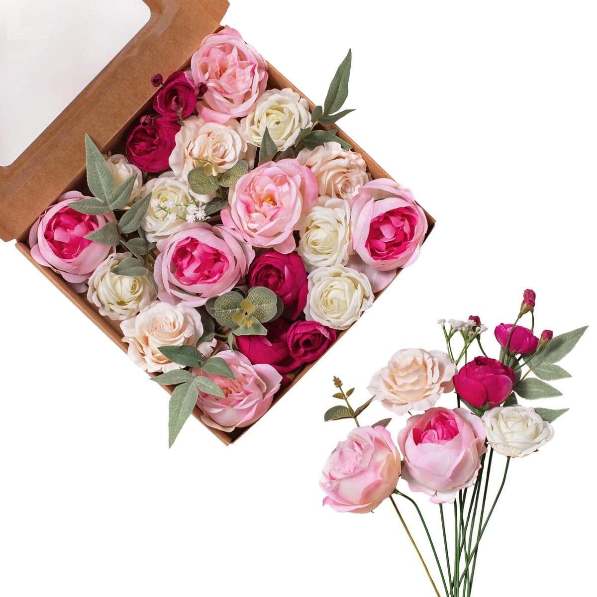 Artificial Flowers DIY Bouquet Combo Faux Rose for Home Decor | Purple Dusty Gray Bule White Fake Rose Peony Daisy Silk Flowers for Vase, Rustic Wedding, Gothic Events, Party, Anniversaries