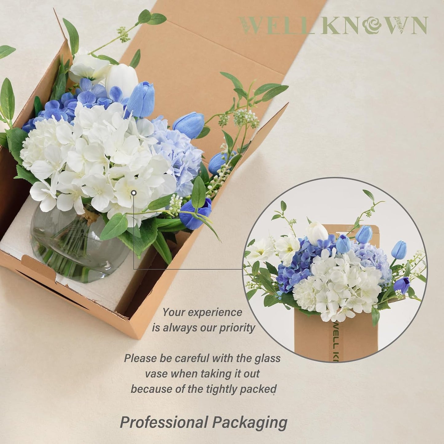 WELL KNOWN Artificial Flowers with Vase, Silk Blue & White Flower Bouquet | Hydrangea Peony in Vase with Faux Water for Home Decor, Fake Tulips Flower Arrangements for Wedding Party Table Centerpieces