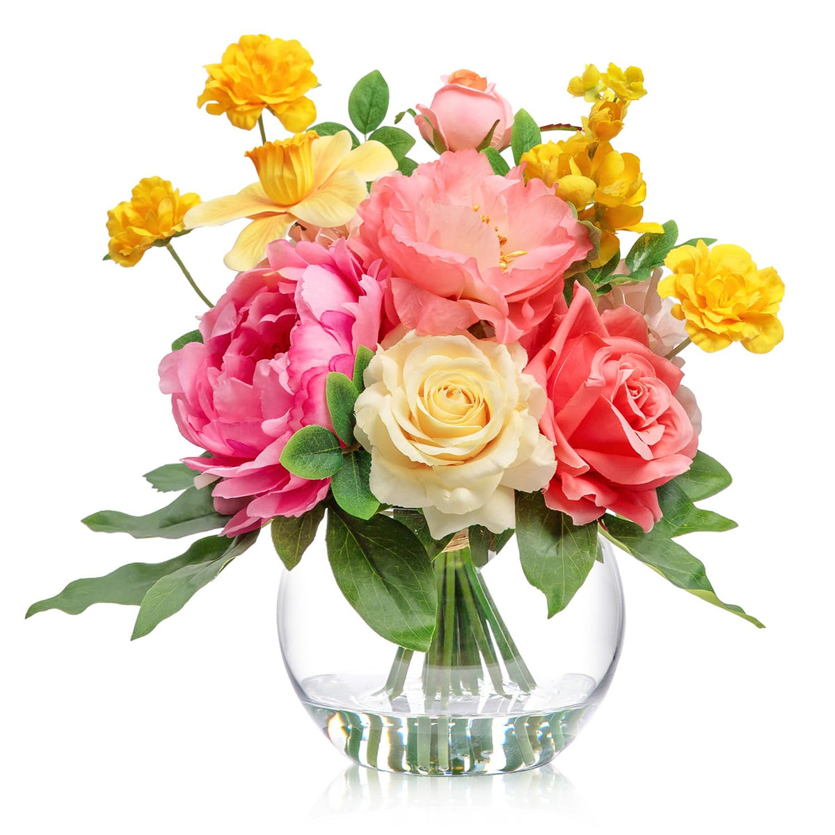 WELL KNOWN Artificial Flowers with Vase, Silk Blue & White Flower Bouquet | Hydrangea Peony in Vase with Faux Water for Home Decor, Fake Tulips Flower Arrangements for Wedding Party Table Centerpieces