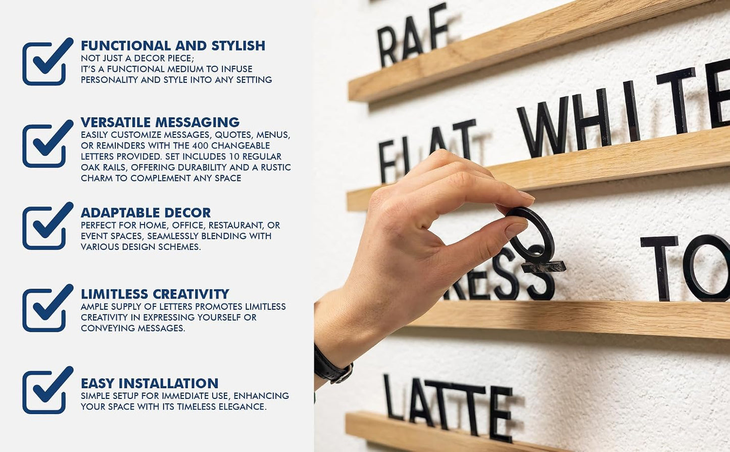 Inko Horeca Wooden Wall Letter Board - Set of 10 Oak Rails + 400 Changeable Black Letters - Floating Wall Menu Display Shelf for Cafe, Bar, Kitchen, and Home Decor