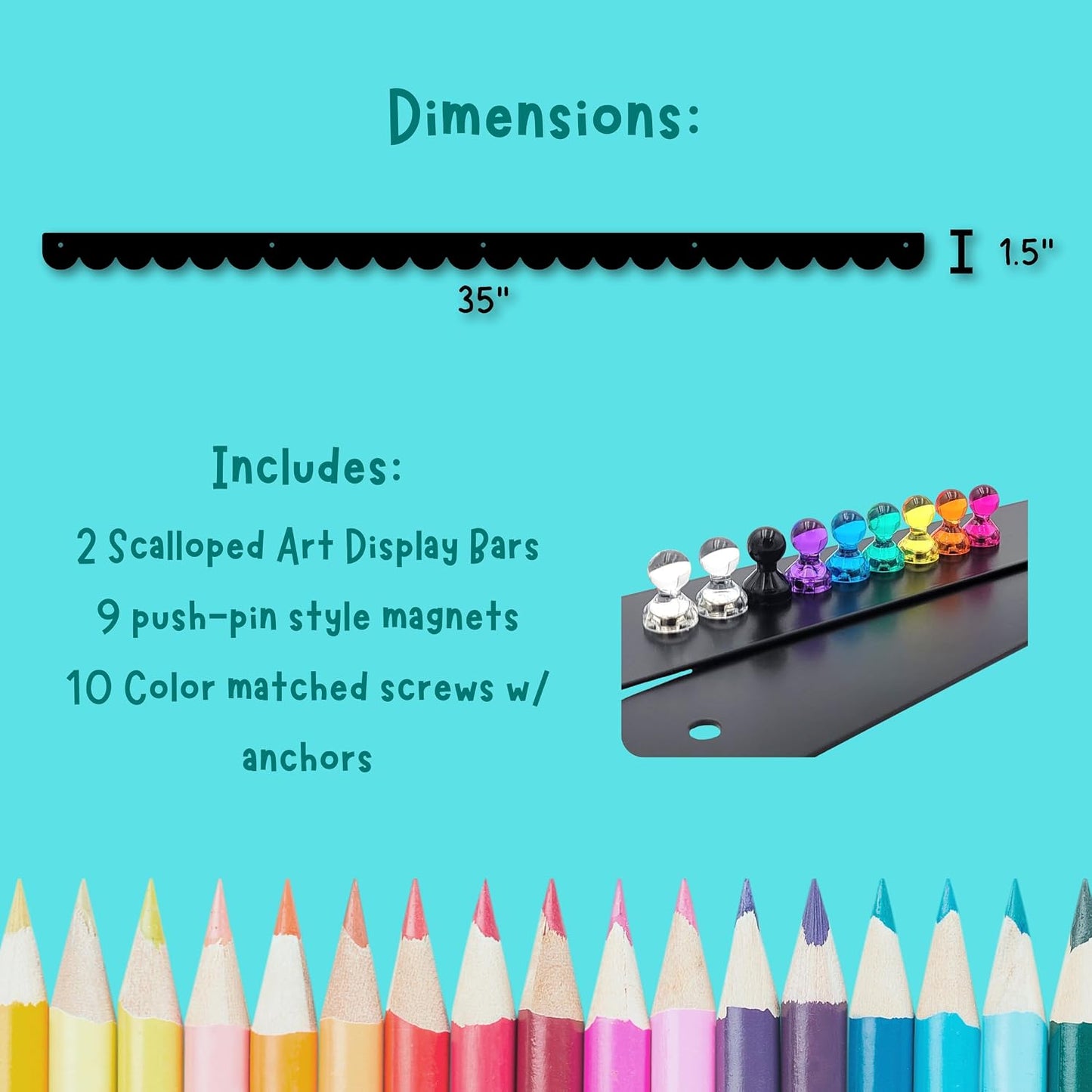 Scalloped Magnetic Art Display for Kids Artwork & Photos (Set of 2) – Kids Artwork Display for Wall – Magnetic Photo Display Strips with Push-Pin Magnets (Black, 35in)