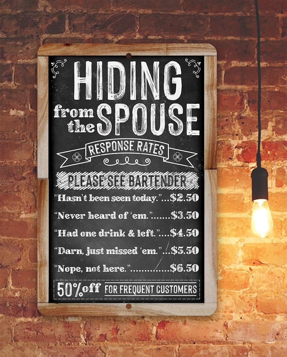 Hiding From The Spouse - Funny Man Cave Decor, Home Bar and Restaurant Display and Alcohol Sign, 12x18 Use Indoors or Outdoors Durable Chalkboard Wood Framed Look Metal Sign
