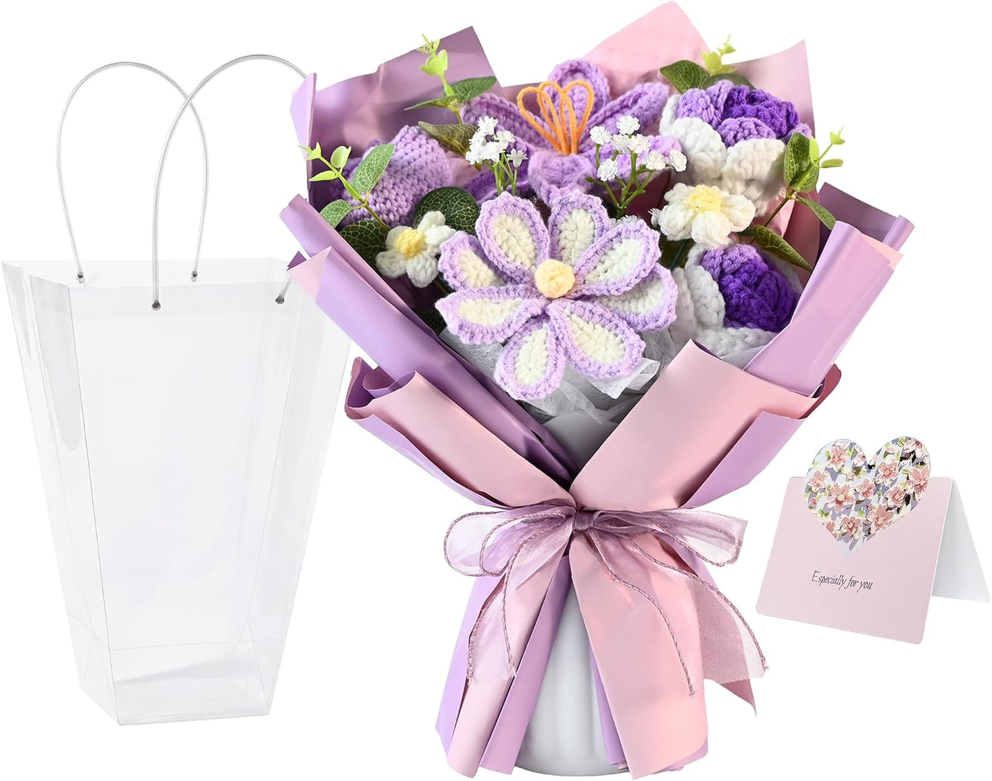Handmade Crochet Flower Bouquet, Preserved Forever Knitted Yarn Flowers with Gift Bag & Card, Artificial Rose Daisy, Teacher Appreciation Gifts for Women, Mother's Day Birthday Purple