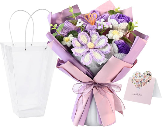 Handmade Crochet Flower Bouquet, Preserved Forever Knitted Yarn Flowers with Gift Bag & Card, Artificial Rose Daisy, Teacher Appreciation Gifts for Women, Mother's Day Birthday Purple