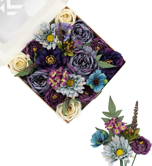 Artificial Flowers DIY Bouquet Combo Faux Rose for Home Decor | Purple Dusty Gray Bule White Fake Rose Peony Daisy Silk Flowers for Vase, Rustic Wedding, Gothic Events, Party, Anniversaries