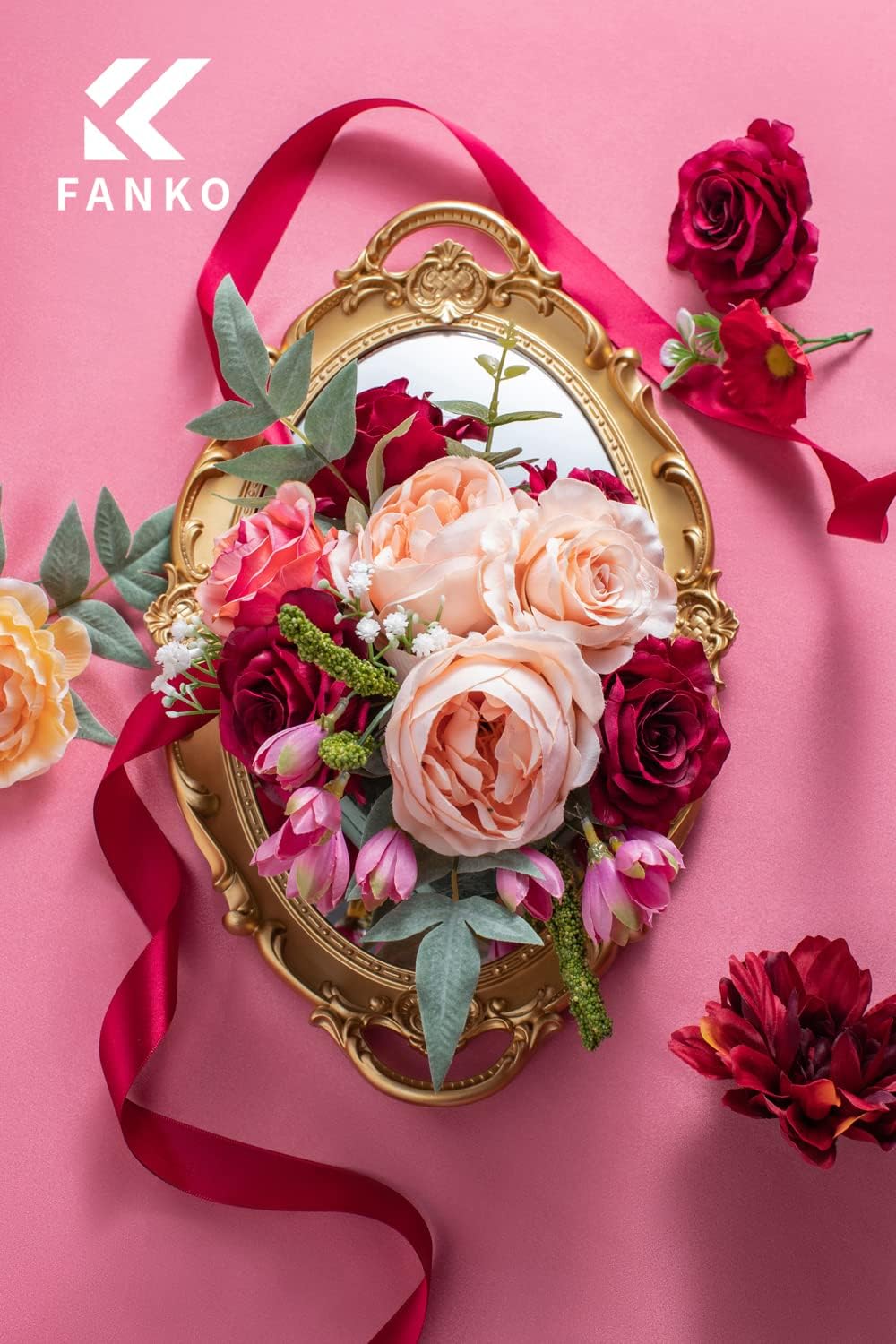 Artificial Flowers DIY Bouquet Combo Faux Rose for Home Decor | Burgundy Pink Champagne Faux Peony for Vase, Floral Arrangement, Centerpieces, Wedding, Party Decoration