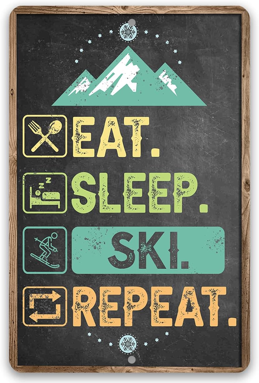 Ski Signs - Eat Sleep Shuss - Metal Sign Chalkboard Style - Use Indoor or Outdoor - Great Mountain Cabin Display, Winter Chalet Room Wall Art, Slopes Theme Holiday Idea, 8x12 Inches