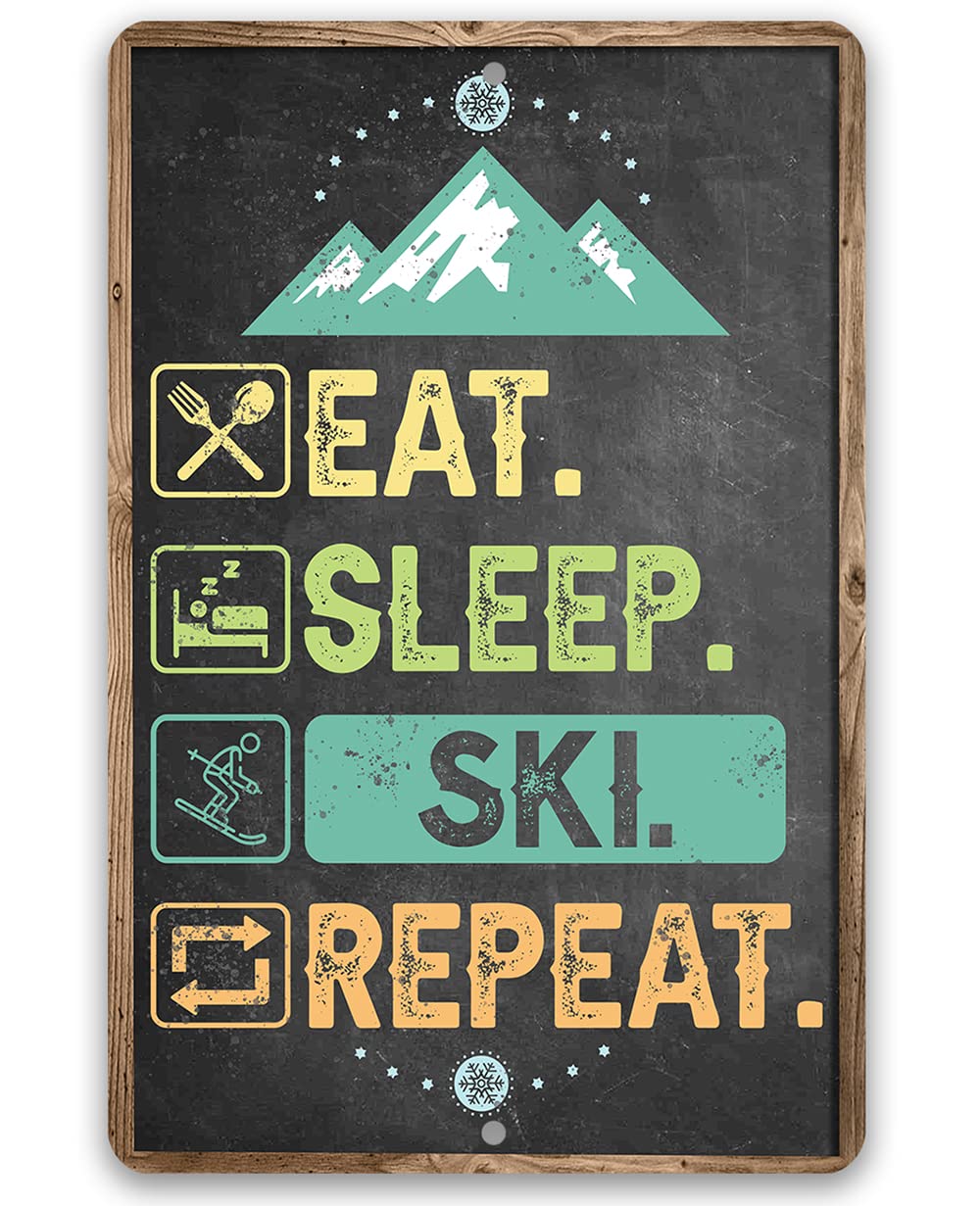 Ski Signs - Eat Sleep Shuss - Metal Sign Chalkboard Style - Use Indoor or Outdoor - Great Mountain Cabin Display, Winter Chalet Room Wall Art, Slopes Theme Holiday Idea, 8x12 Inches