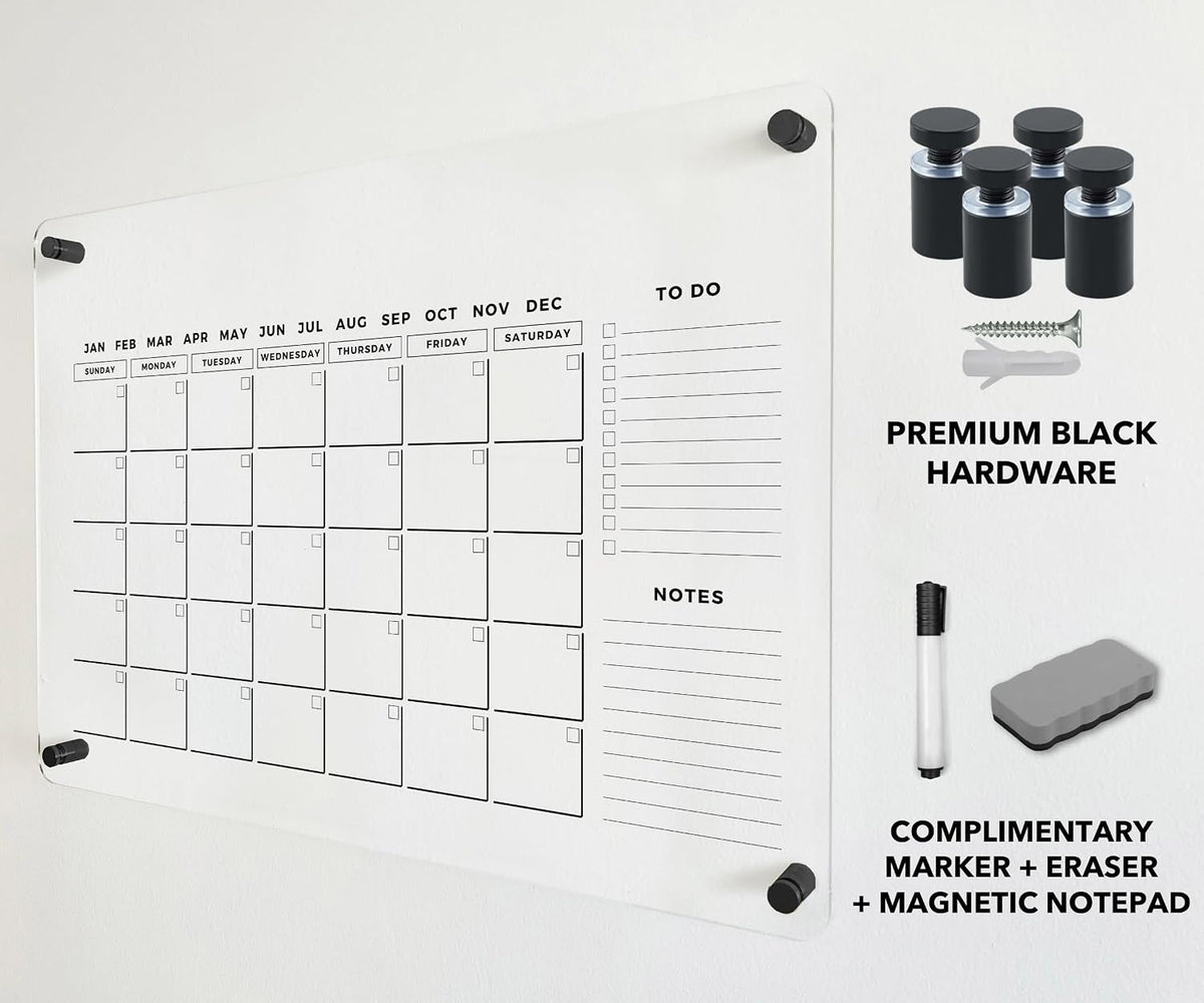 Minimalist Horizontal Clear Calendar for Office and Home Wall - 2026 Dry Erase Two Month Family Planner w Marker and Black Hardware (23x18'' (Regular))