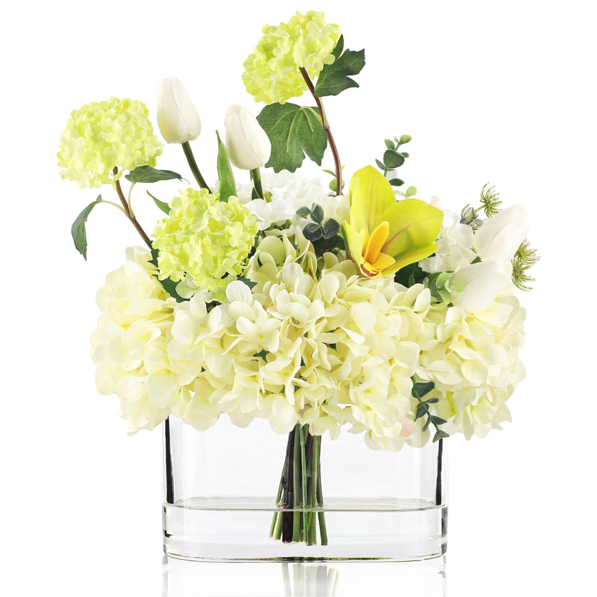 WELL KNOWN Artificial Flowers with Vase, Silk Blue & White Flower Bouquet | Hydrangea Peony in Vase with Faux Water for Home Decor, Fake Tulips Flower Arrangements for Wedding Party Table Centerpieces