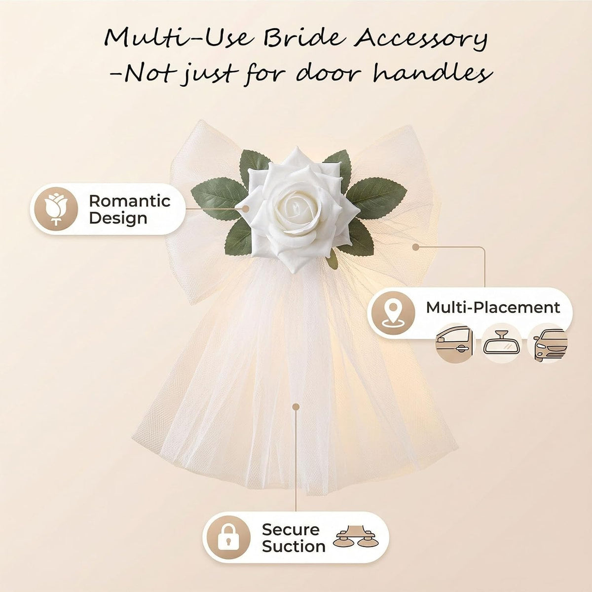 4 Pcs Wedding Car Door Handle Flowers with Tulle and Suction Cups | 12 cm white rose tulle bows with suction cups for car handles, mirrors, windows, bridal exits and wedding photos