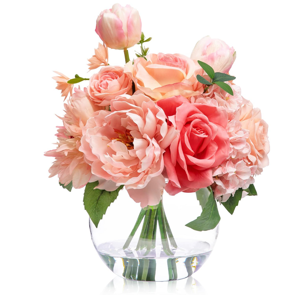 WELL KNOWN Artificial Flowers with Vase, Silk Blue & White Flower Bouquet | Hydrangea Peony in Vase with Faux Water for Home Decor, Fake Tulips Flower Arrangements for Wedding Party Table Centerpieces