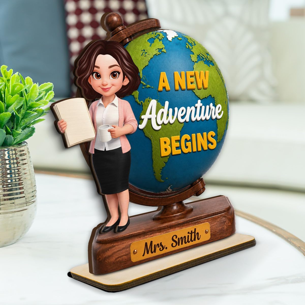 Teacher World Globe 2D Flat - Personalized Wooden Plaque - Back To School Gift Classroom Desktop Board Sign Appreciation End Of Year Presentation Faculty Educator Mentor Desk Display