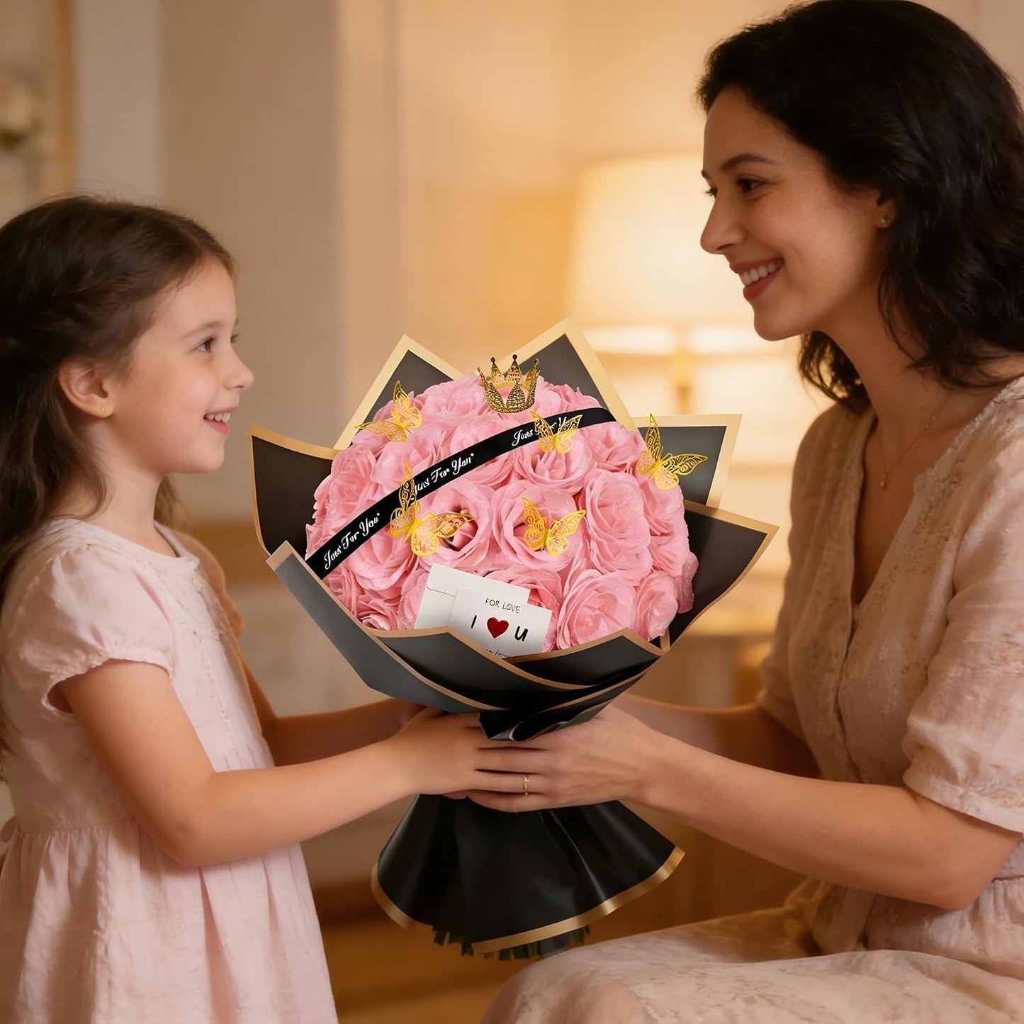 Light Pink Glitter Flower Bouquet, 36 Pcs DIY Artificial Glitter Rose Bouquet with Bear & Butterfly & Golden Crown, Eternal Flowers Gifts for Her, Girlfriend, Valentines, Birthday, Mother's Day