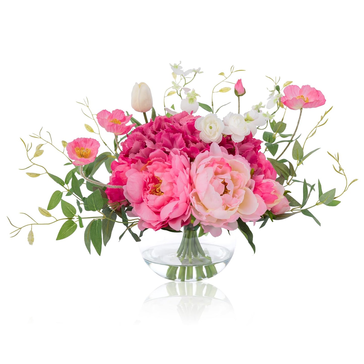 WELL KNOWN Artificial Flowers with Vase, Silk Blue & White Flower Bouquet | Hydrangea Peony in Vase with Faux Water for Home Decor, Fake Tulips Flower Arrangements for Wedding Party Table Centerpieces