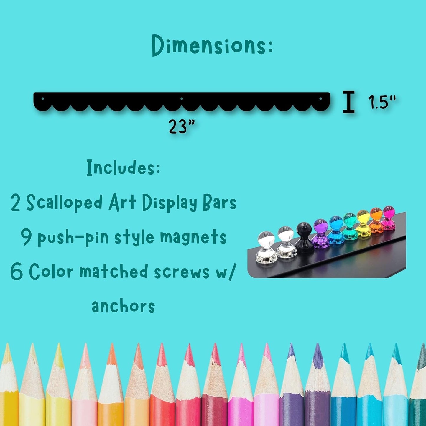 Scalloped Magnetic Art Display for Kids Artwork & Photos (Set of 2) – Kids Artwork Display for Wall – Magnetic Photo Display Strips with Push-Pin Magnets (Black, 23in)
