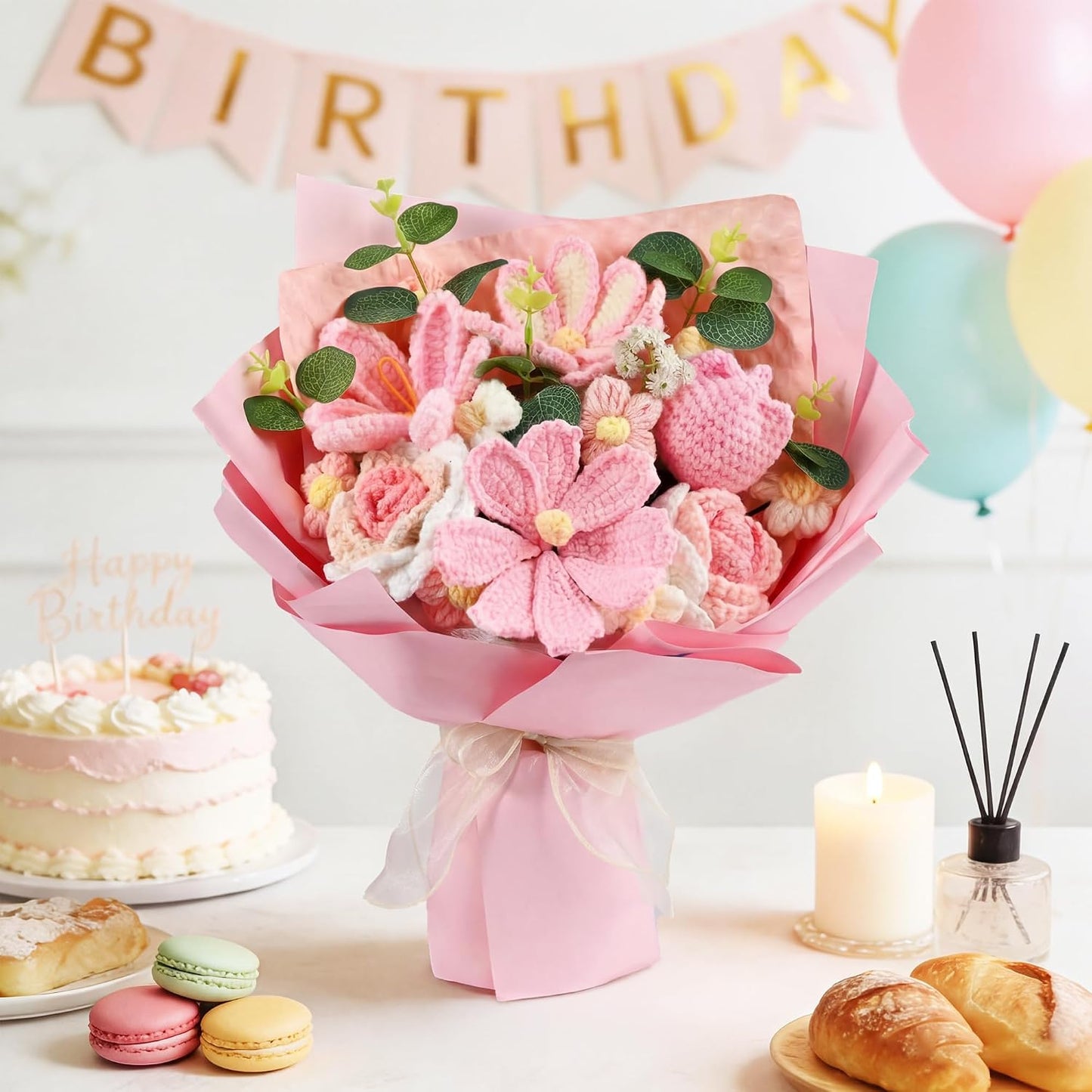 18Pcs Handmade Crochet Flower Bouquet Knitted Yarn Flowers with Bag & Card, Artificial Rose Daisy, Birthday Gifts for Women Mom Wife Girlfriend Sister Best Friend Pink
