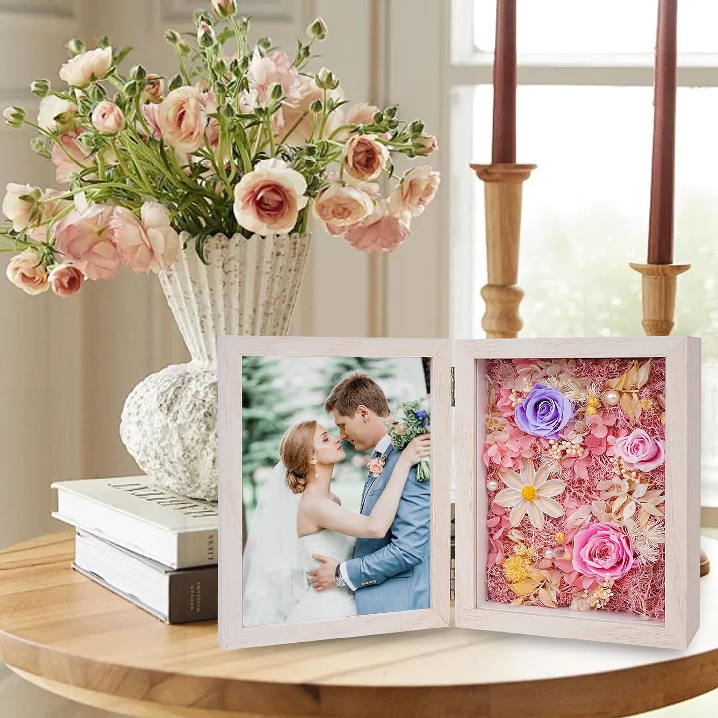 5x7'' Shadow Box Picture Frame Double Photos with Preserved Flowers, Real Floral Deep Wood Shadow Box Display Case Desktop Decor with Glass Front/Card/Gift Box, Gift Box for Family/Valentine’s Day