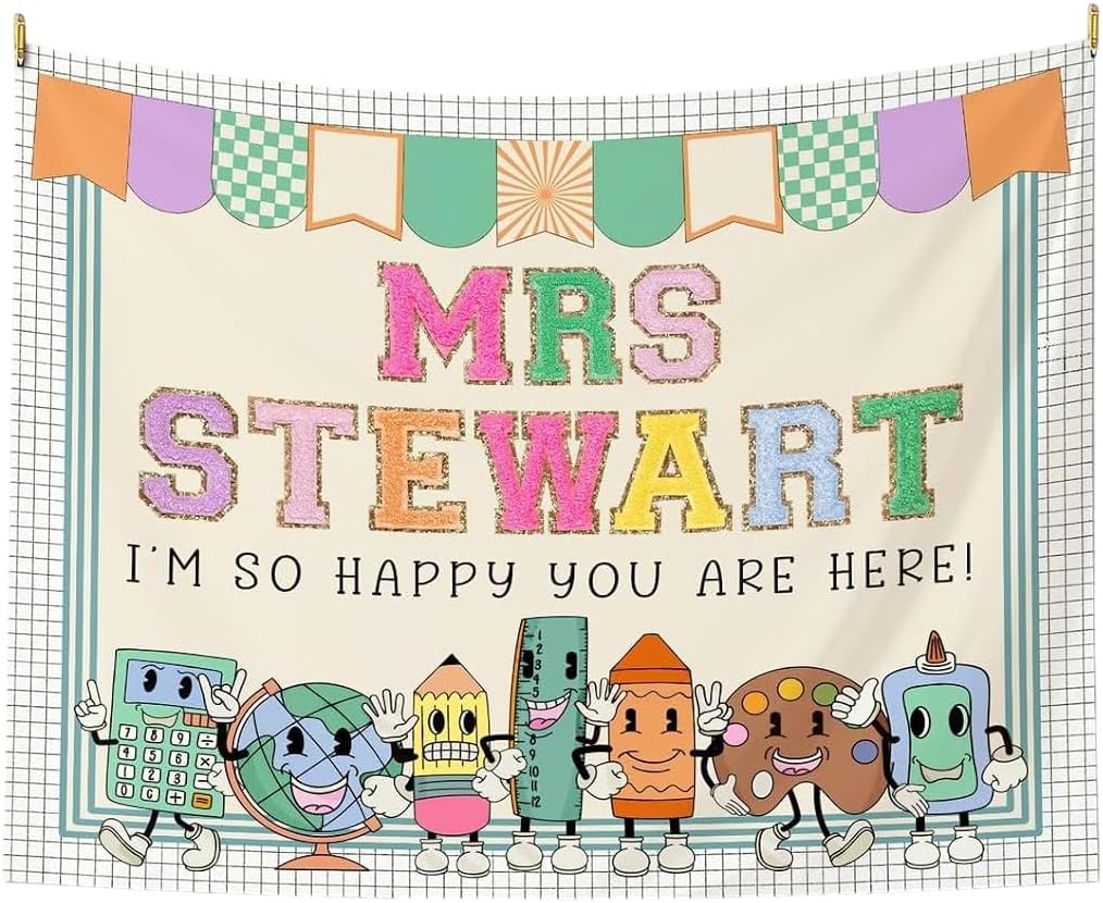 Classroom Tapestry Cute Grid Border Globe Pencil Poster Decor for School Teachers Bulletin Board Banner Composition Notebook Pattern Wall Art for Back to School Teacher Appreciation Classroom Decoration