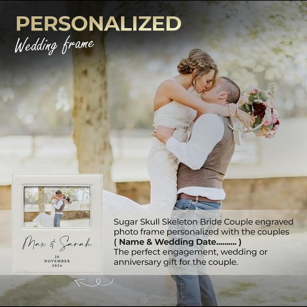 Alterd Industries Customized Picture Frames 8x10 with 4x6 Photo Display - Gift of Anniversary for Couples - Engagement Photo Display Frame with Names - Custom Photo Frame (Script - White/Black - 4x6)