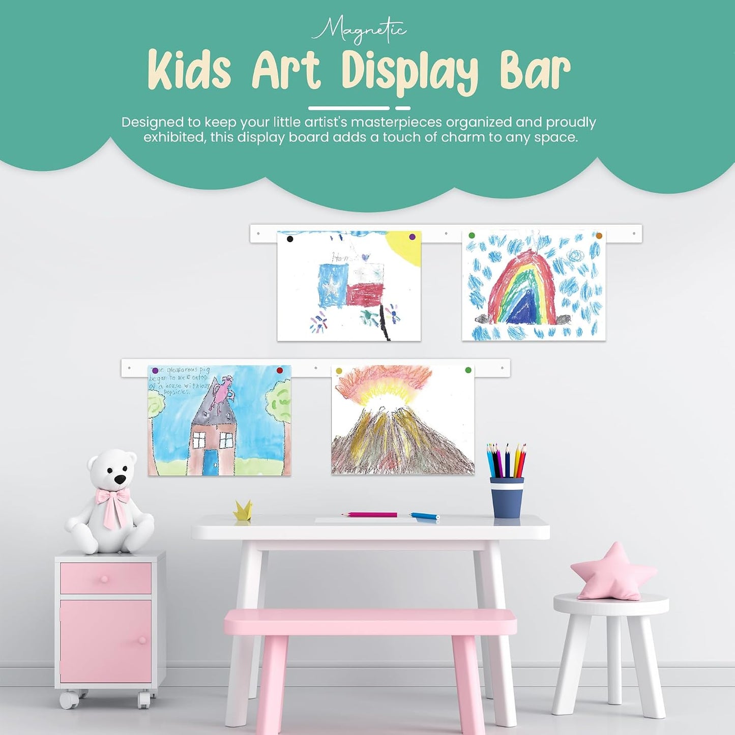 Magnetic Art Display for Kids Artwork - Kids Art Display - Artwork Display for Kids Art for Wall - Picture Hanging System - Display Children Artwork - Magnet Bar (White, 23in)