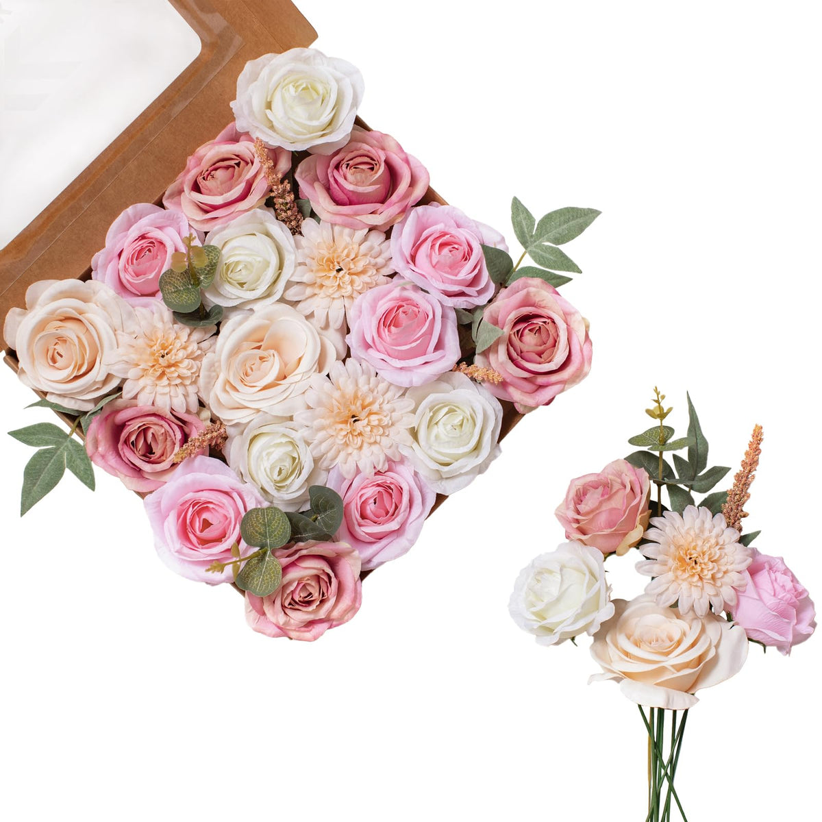 Artificial Flowers DIY Bouquet Combo Faux Rose for Home Decor | Burgundy Pink Champagne Faux Peony for Vase, Floral Arrangement, Centerpieces, Wedding, Party Decoration