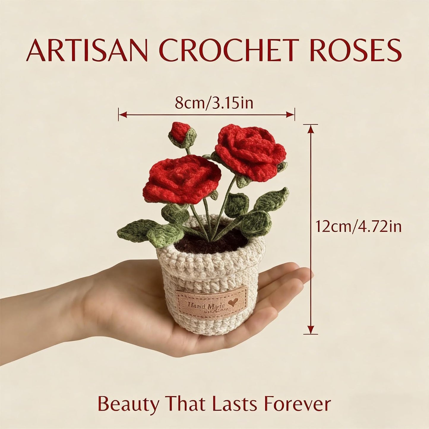 Hand-Made Crochet Red Roses with Pocket Hug Card and Gift Box, Knitted Artificial Flowers for Home Room Table Office Decor and Appreciation Gifts for Family Girlfriend Other Half Mothers Day